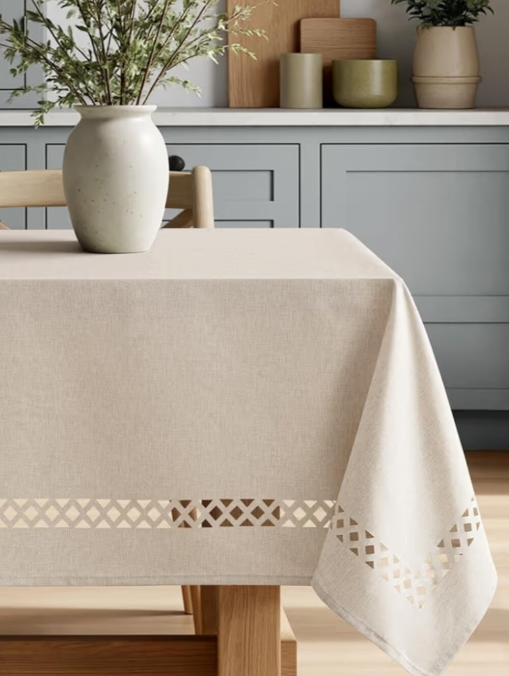 NWT 126"x66" Rectangular Tablecloth Geometric Laser Cut Border Light Beige